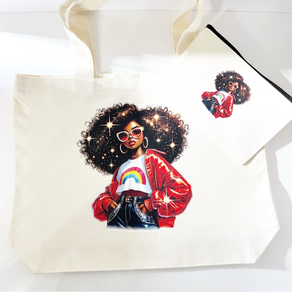 Gloss & Curls Canvas Tote & Matching Pouch Set